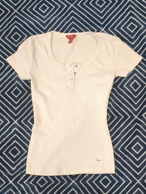 Guess White Short Sleeve Ribbed Henley Top with Snap Placket